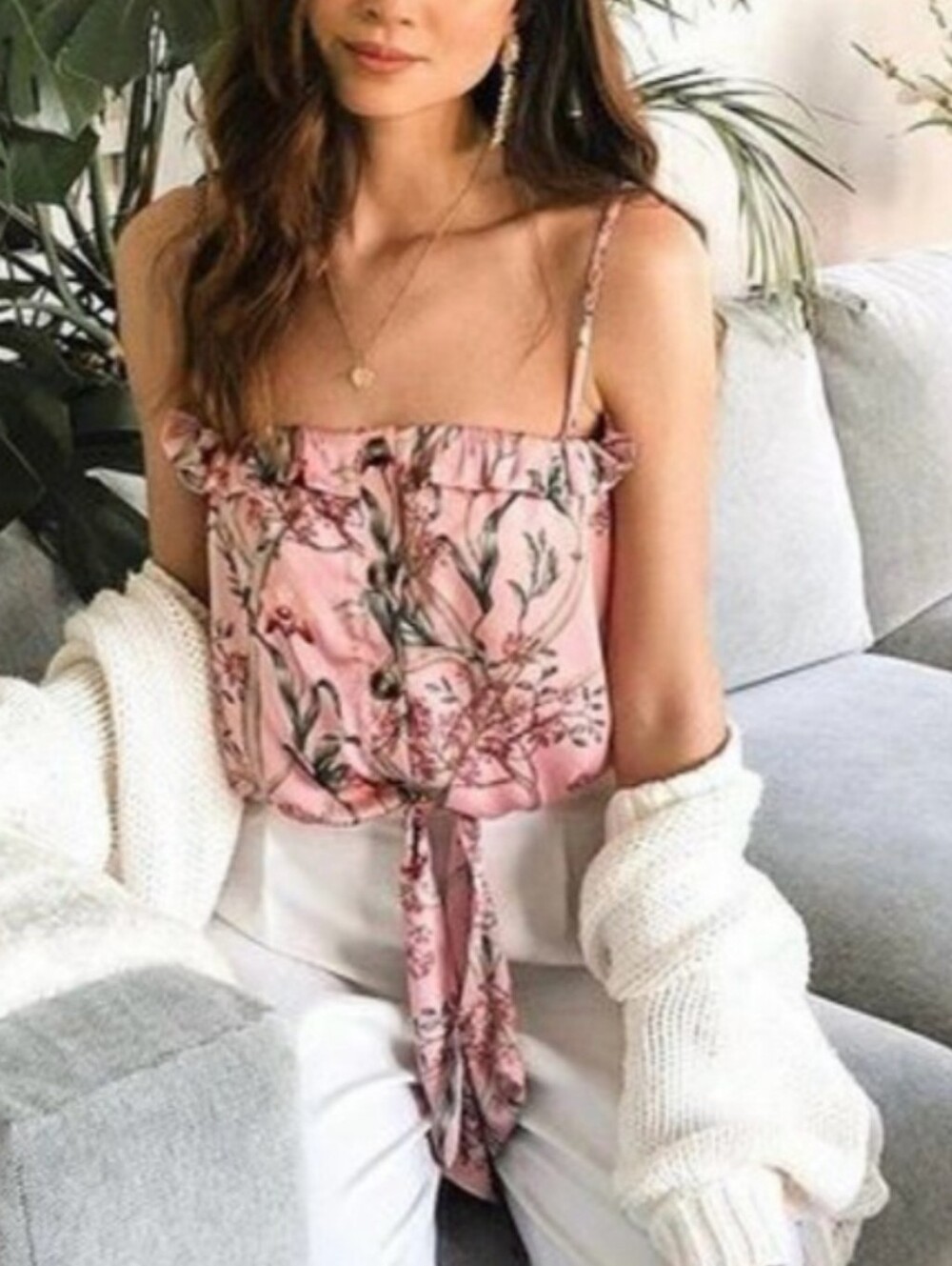 Johanna Ortiz X H&M Pink Satin Floral Orchid Ruffle Tie Top